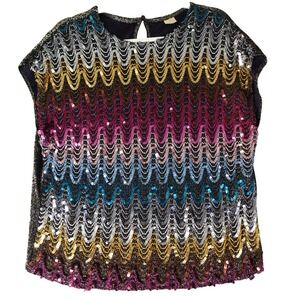 Vintage Disco Top Womens Large Multicolor Sequin Zig Zag Metallic Party Blouse